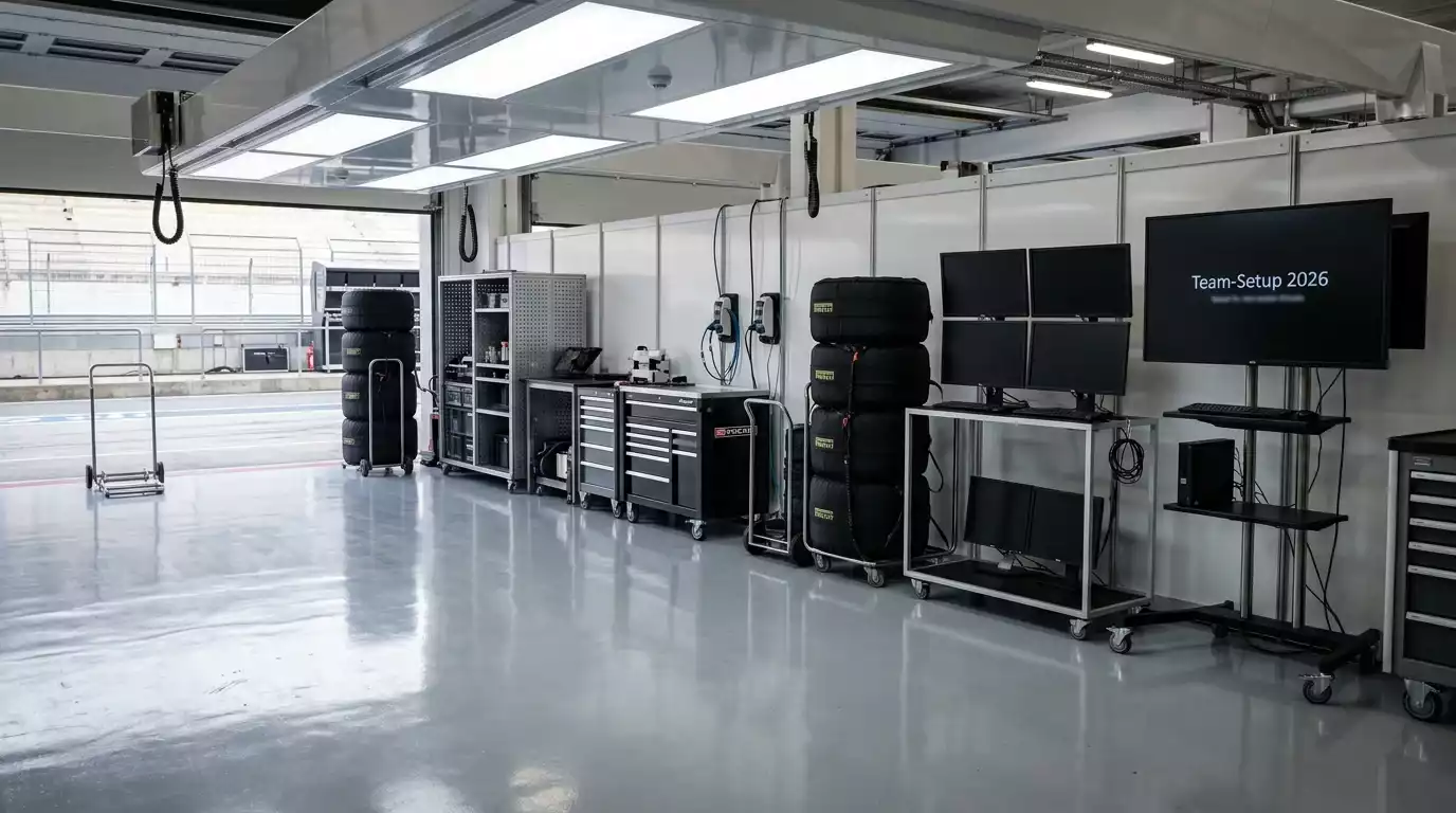 Leerer Formel-1-Garagenplatz mit Werkzeugwagen und Monitorständern