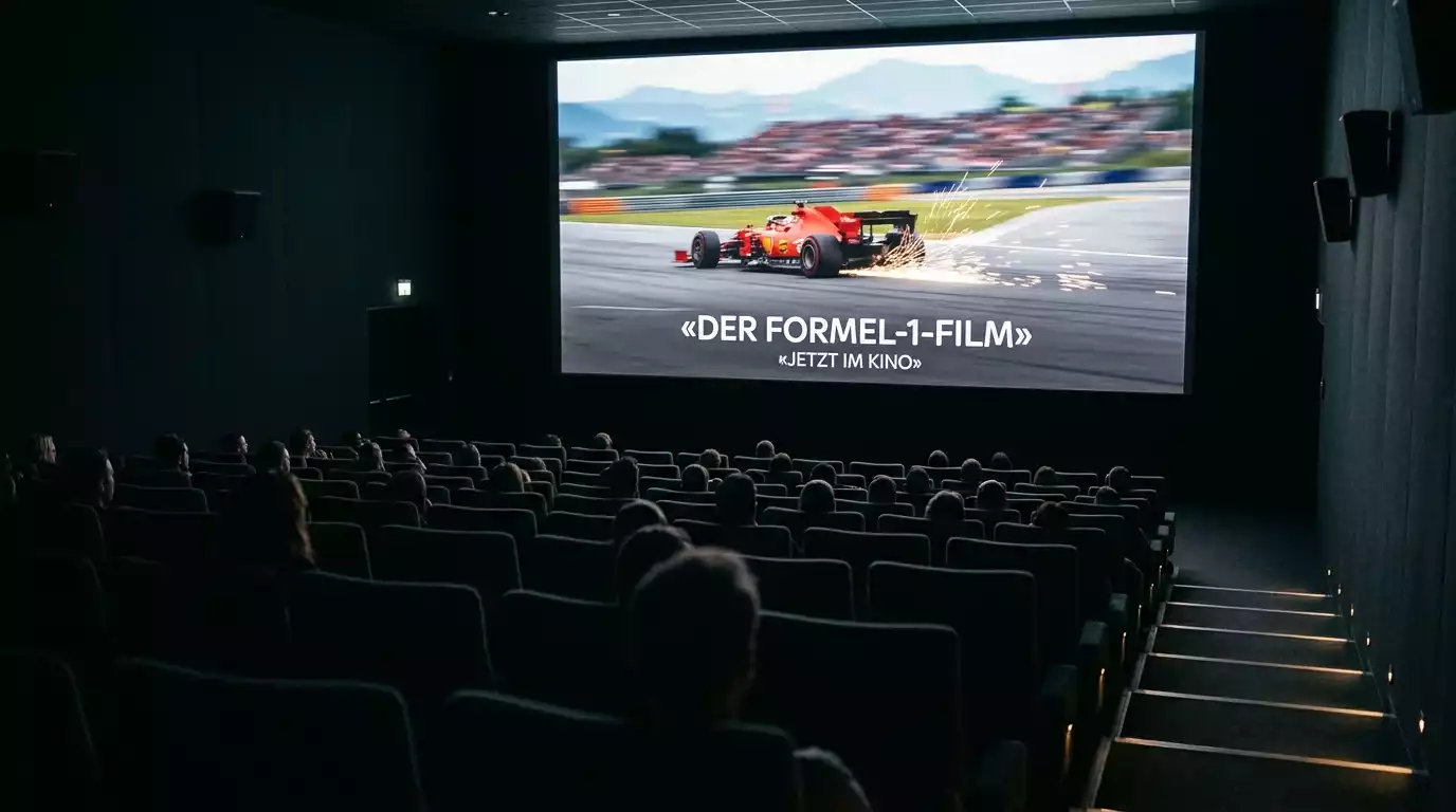Kinosaal mit Formel-1-Rennszene auf der Leinwand und gefüllten Sitzreihen