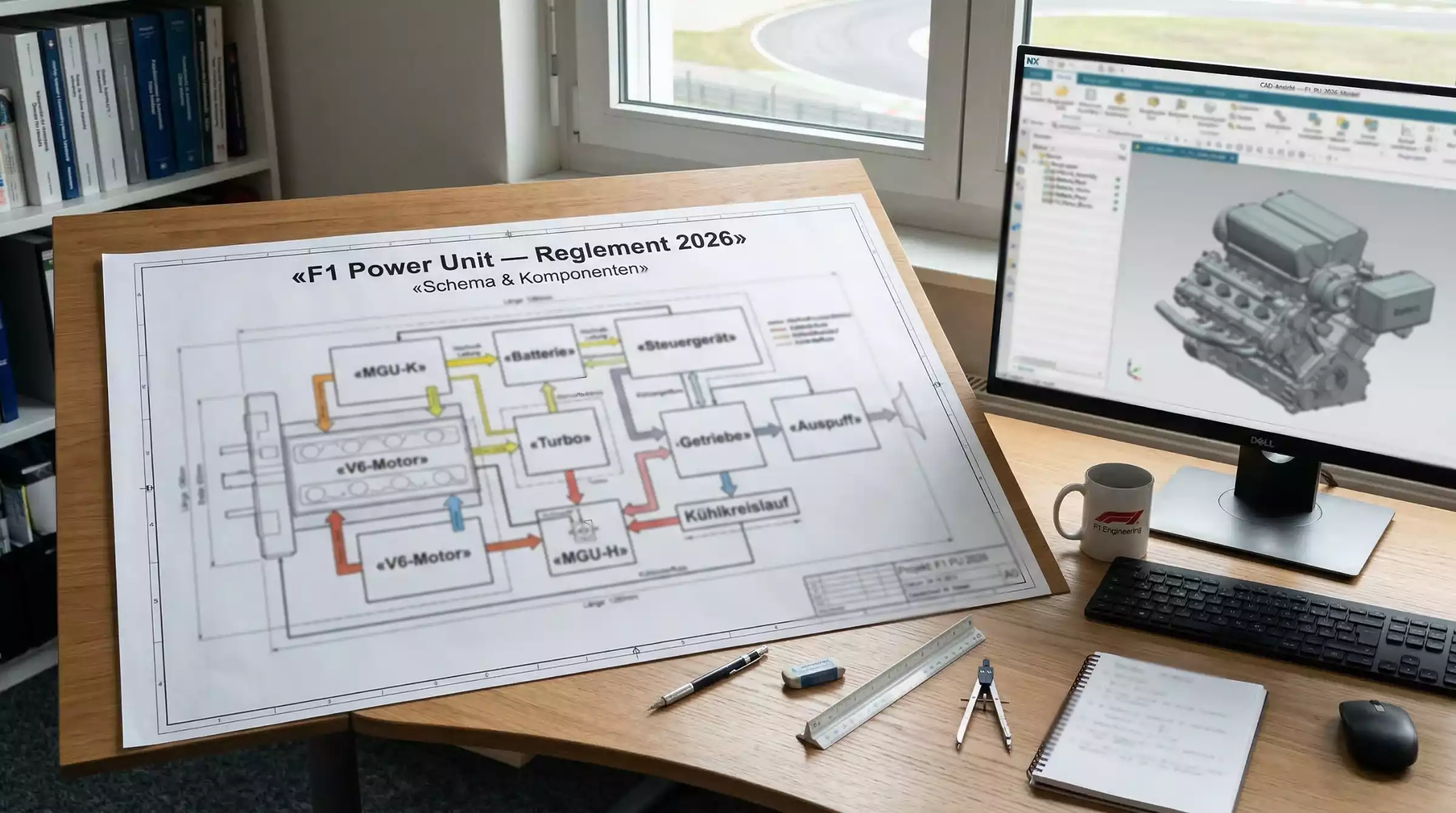 Technische Zeichnung einer Formel-1-Power-Unit auf einem Ingenieurs-Arbeitsplatz