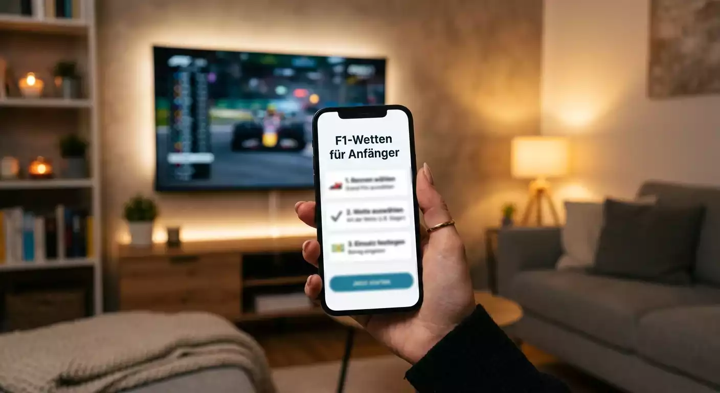 Hand hält ein Smartphone vor einem Fernseher mit Formel-1-Übertragung