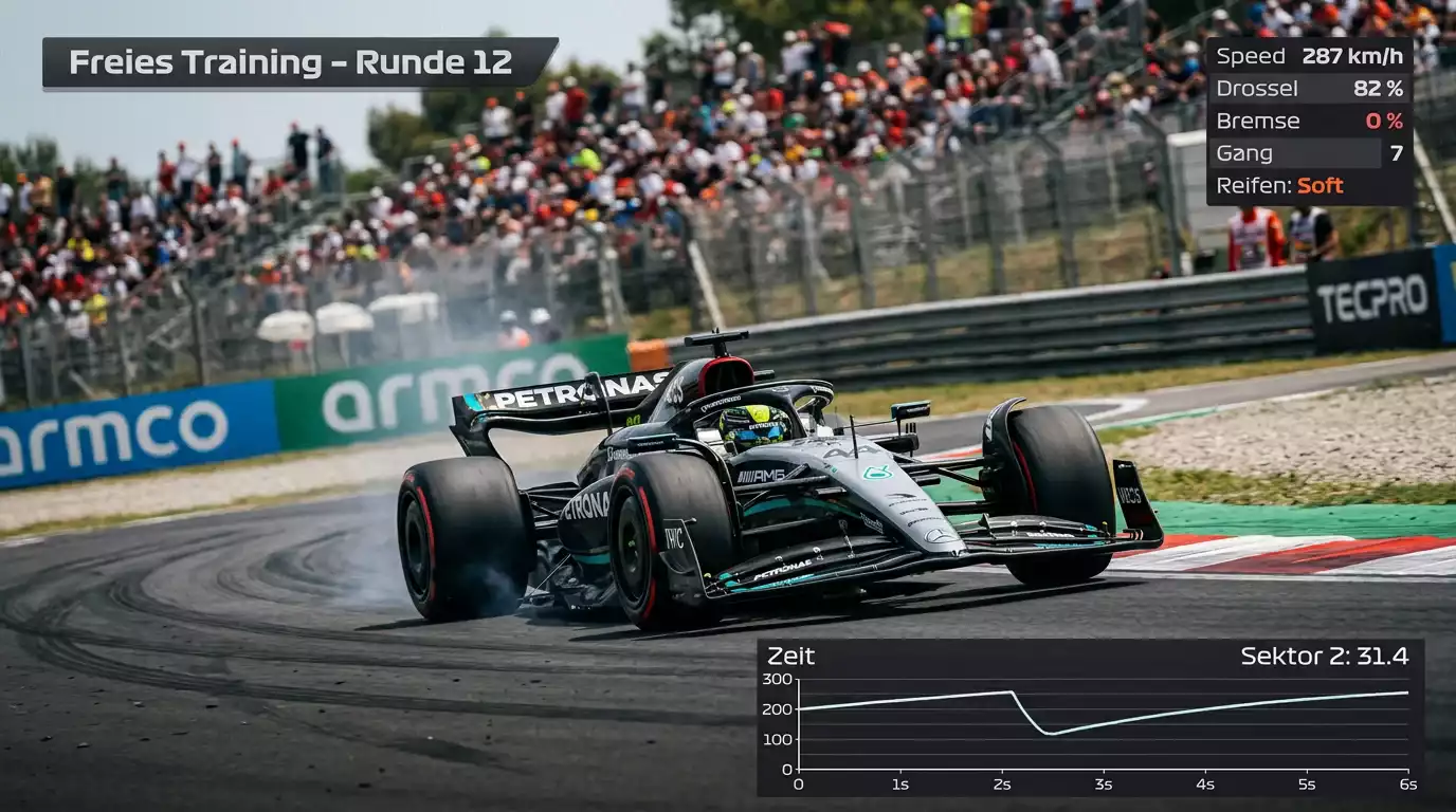 Formel-1-Wagen auf der Strecke während des Freitagstrainings mit Datenoverlay