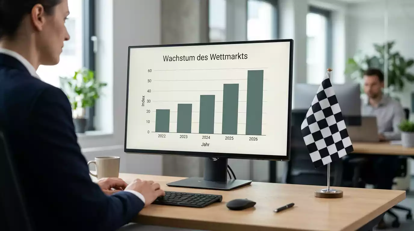 Aufwärtsgerichteter Balkendiagramm-Trend auf einem Bildschirm vor einer Formel-1-Flagge