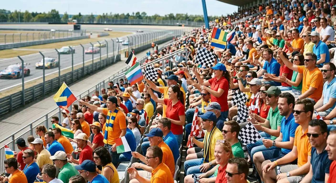 Volle Formel-1-Tribüne mit Fans in bunten Teamfarben an einer Rennstrecke