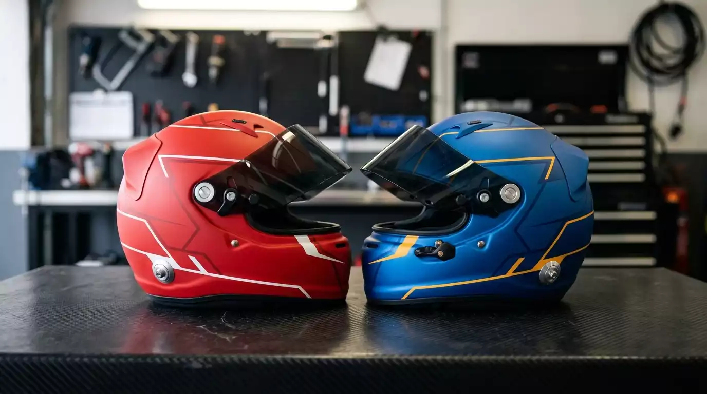 Zwei Formel-1-Helme nebeneinander auf einer Werkbank in einer Boxengarage