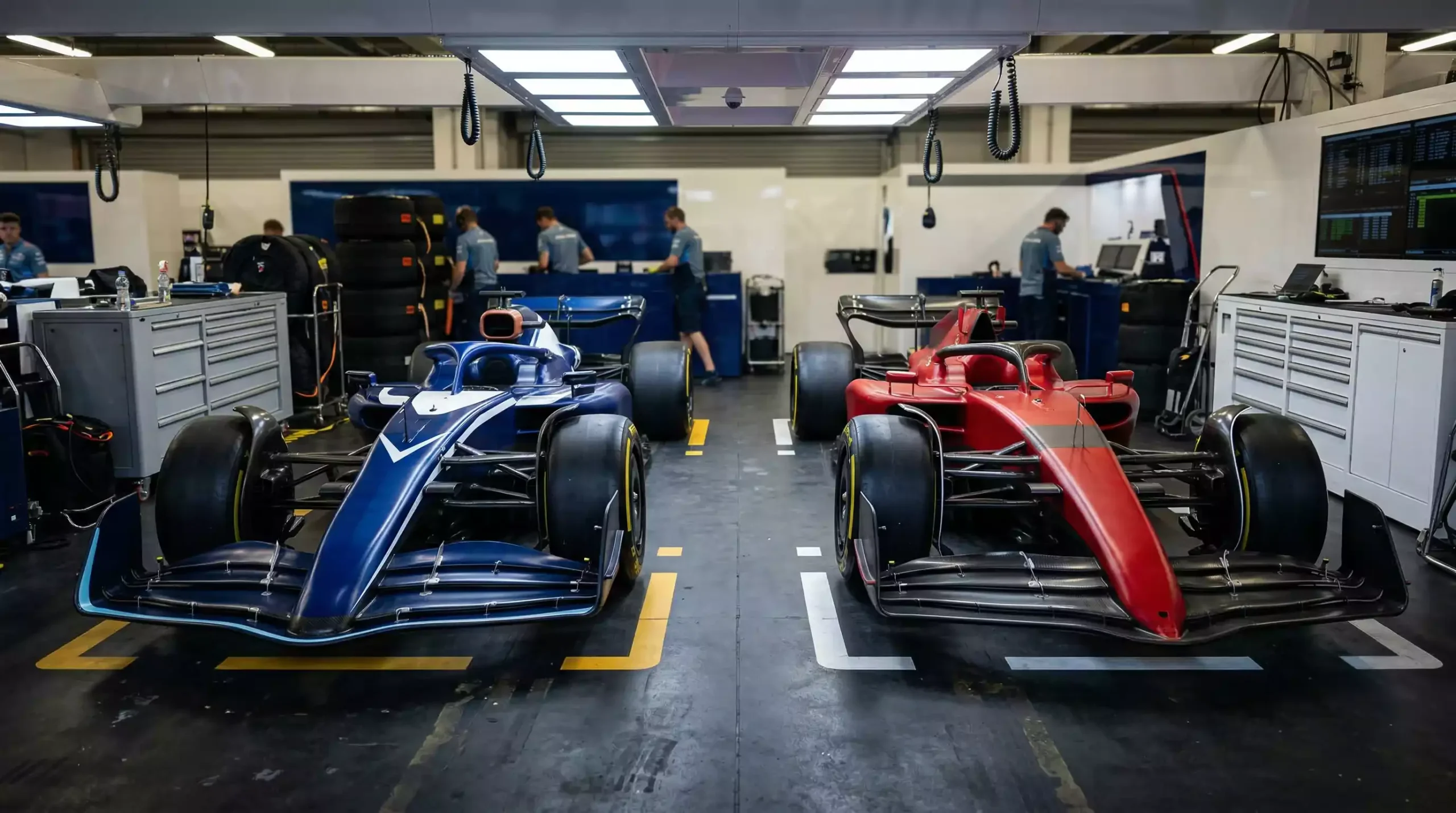 Formel-1-Boxengasse mit zwei Rennwagen in Teamfarben nebeneinander