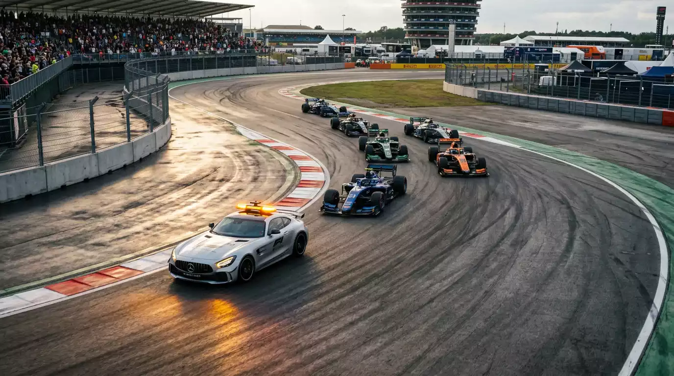 Formel 1 Livewetten - F1-Rennwagen bei Safety Car Phase auf der Strecke