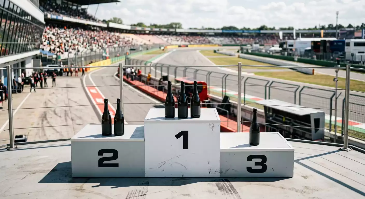 Formel-1-Podium mit drei Plätzen und Champagnerflaschen auf einer Rennstrecke
