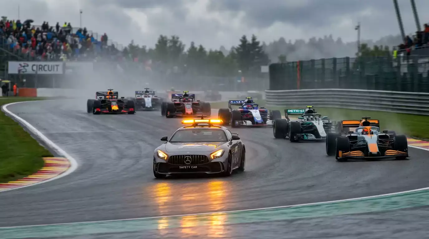 Safety Car mit Blinklichtern vor einem Formel-1-Feld auf einer Rennstrecke