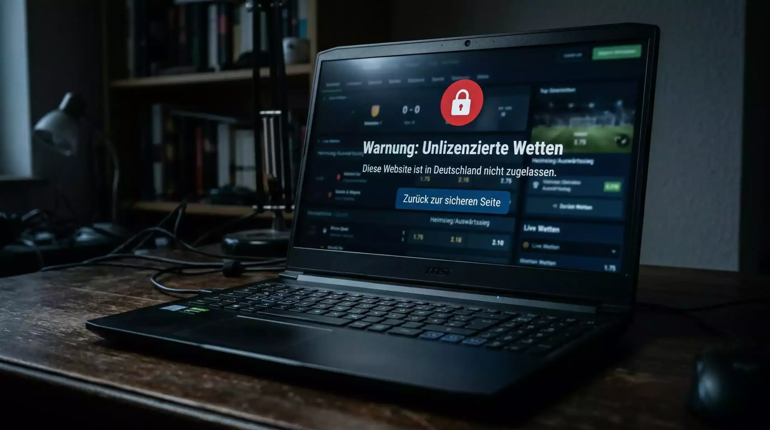 Gesperrter Laptop-Bildschirm mit Warnsymbol vor einer unscharfen Sportwetten-Webseite