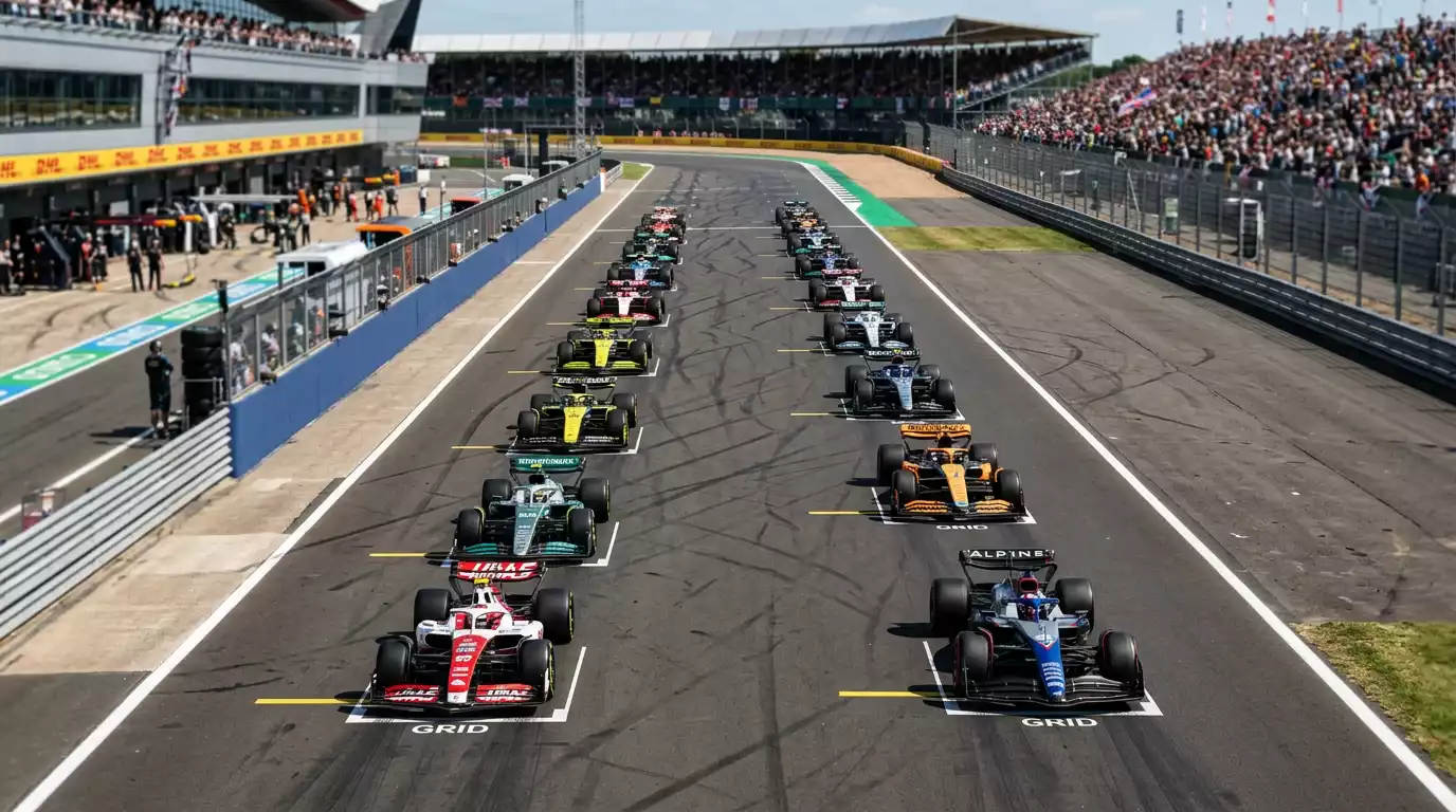 Startaufstellung eines Formel-1-Sprintrennens mit eng beieinander stehenden Rennwagen