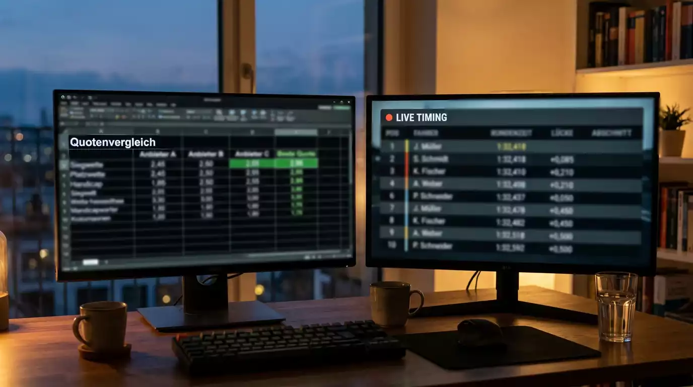 Tabellenkalkulation mit Quotenvergleich auf einem Monitor neben F1-Livetiming