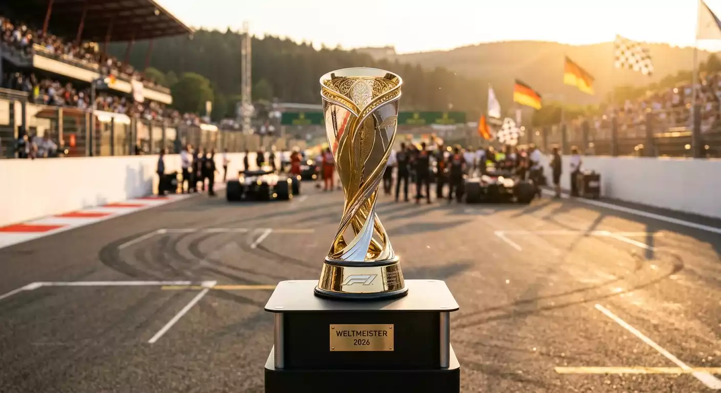 Formel-1-Pokal auf einem Podest mit unscharfer Rennstrecke im Hintergrund