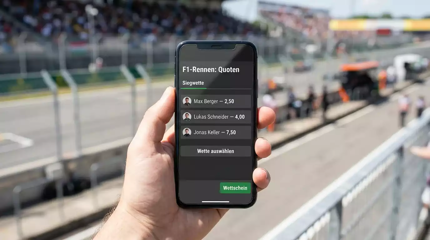 Formel 1 Wettanbieter Vergleich - Smartphone mit F1-Wettquoten vor Rennstrecke