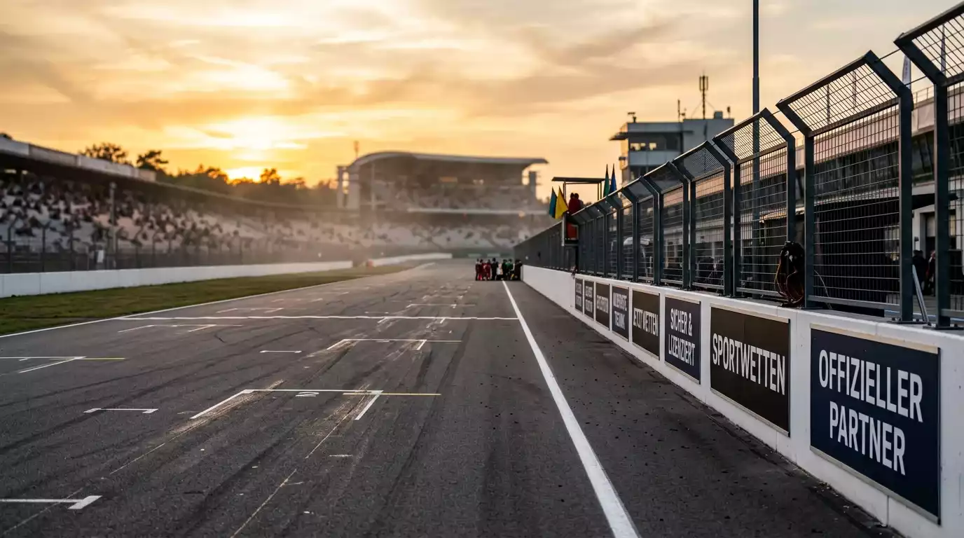 Formel-1-Rennstrecke mit Werbebanden entlang der Boxenmauer
