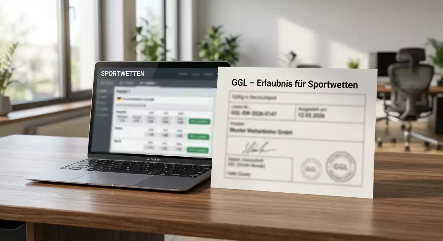 Deutsche GGL-Lizenzurkunde neben einem Laptop mit geöffneter Sportwetten-Plattform