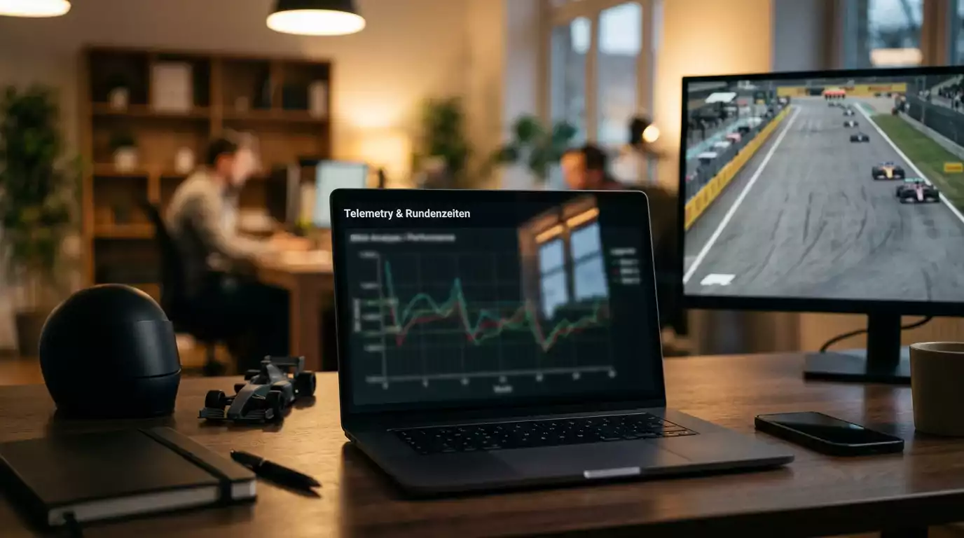 Formel 1 Wetten Strategie - Laptop mit F1-Datenanalyse neben der Rennstrecke
