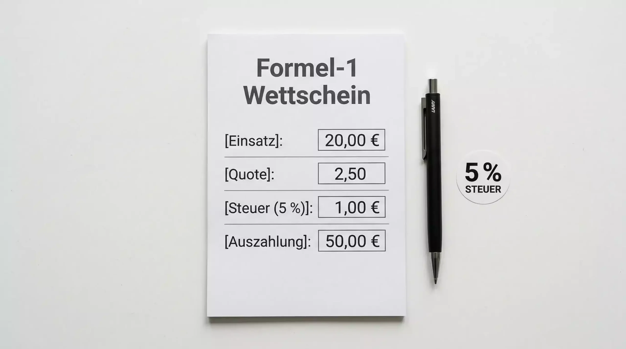 Taschenrechner mit Prozentzeichen neben einem Formel-1-Wettschein auf einem Schreibtisch