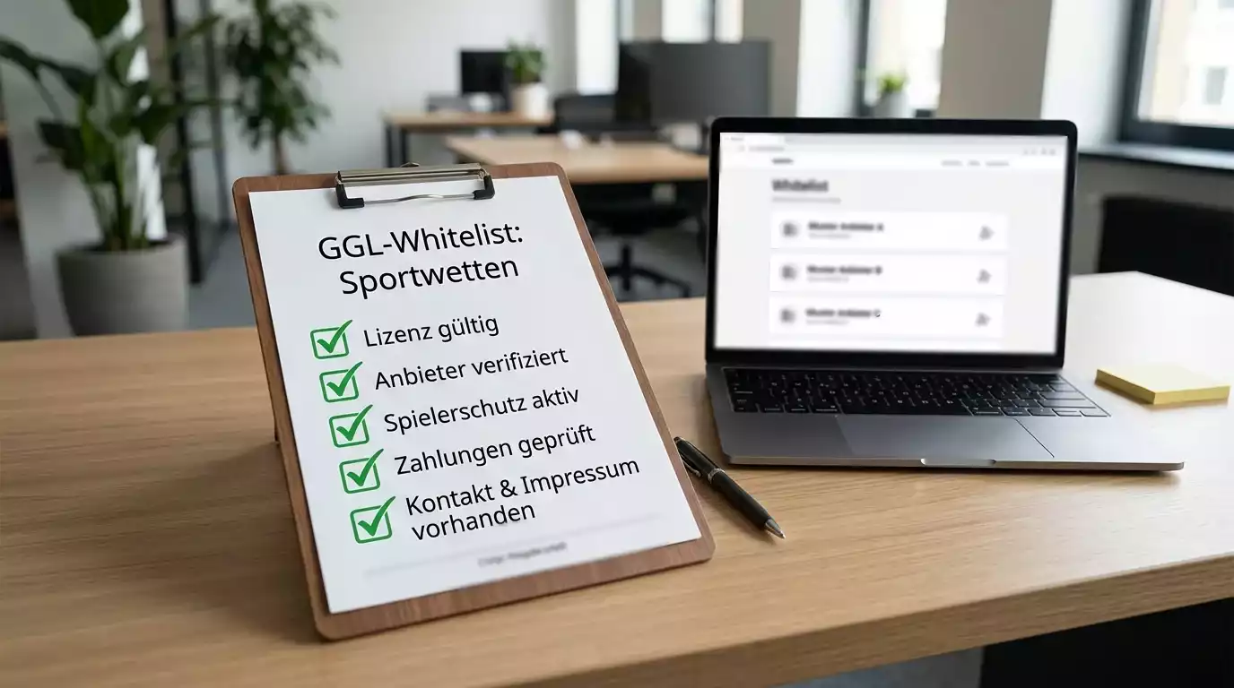 Checkliste mit grünen Häkchen auf einem Klemmbrett neben einem Laptop