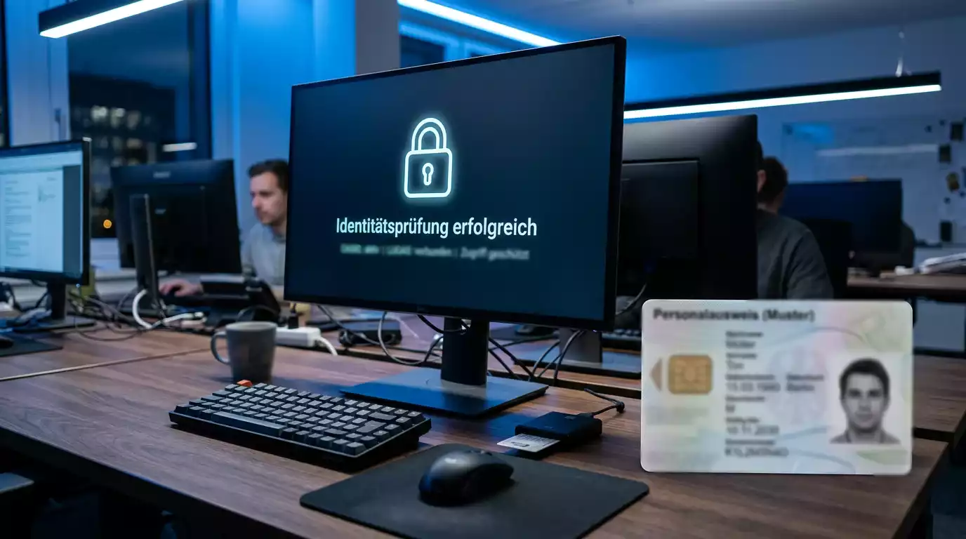 Digitales Schloss-Symbol auf einem Bildschirm neben einem Personalausweis